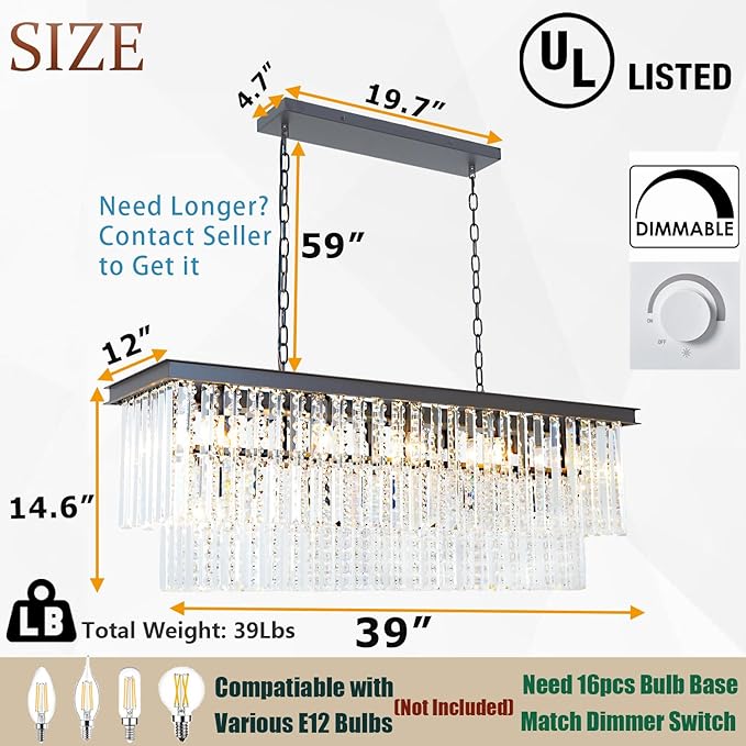Rectangle Black Dining Room Chandelier Modern Linear Over Table Lighting Fixture 16-Light Chandelier for Kitchen Island, Living Room, Bar