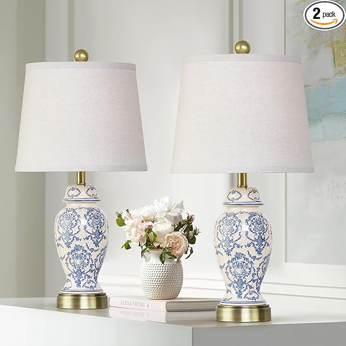 RORIANO Chinoiserie Ceramic Table Lamps Set of 2 for Living Room Bedroom Bedside, Traditional Blue Porcelain Classic Table Lamp for Nightstand Entryway, 2 LED Bulbs Included