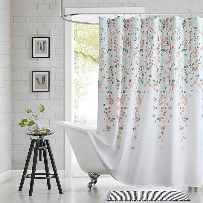 Fabric Floral Shower Curtain, 78 Inch Long Orange and Sage Green Flower Waterproof Bathroom Shower Curtains, 72" W x 78" H