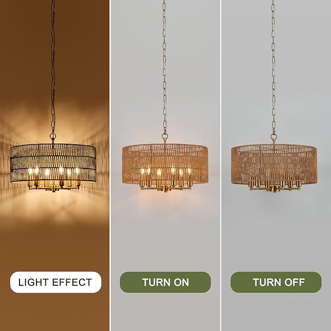 20" Hand-Woven Rattan Chandelier 6-Light Vintage Farmhouse Boho Bamboo Golden Chandelier Light Fixture Retro Drum Wicker Gold Chandeliers for Dining Room, Kitchen, Living Room, E12