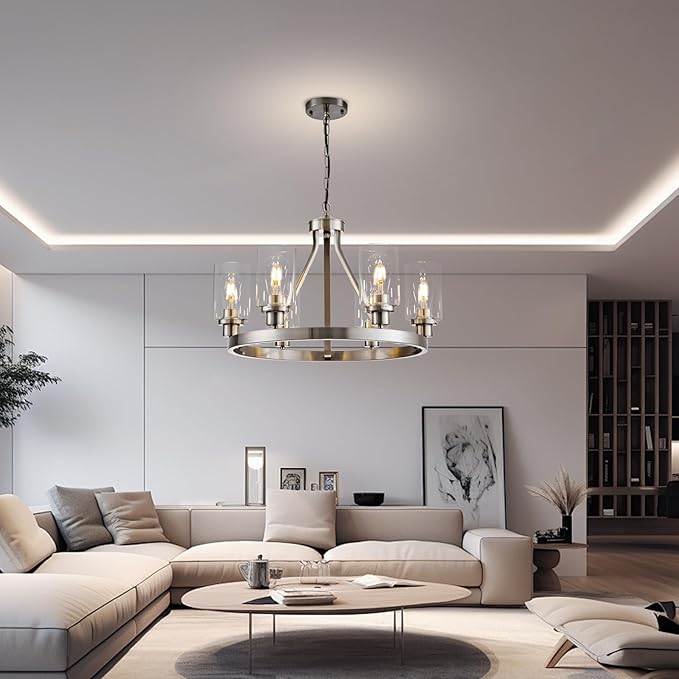 6-Light Modern Dining Room Light Fixture Brushed Nickel Kitchen Chandelier Ceiling Hanging Pendant Lighting with Glass Shade for Living Room Bedroom Entryway Adjustable Height Metal E26