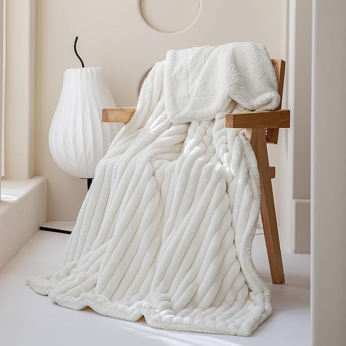 MOSAYT Super Soft Faux Rabbit Fur Blanket, Elegant Ruched Design, White, 60x80 Inch - Perfect for Couch, Sofa, or Bed