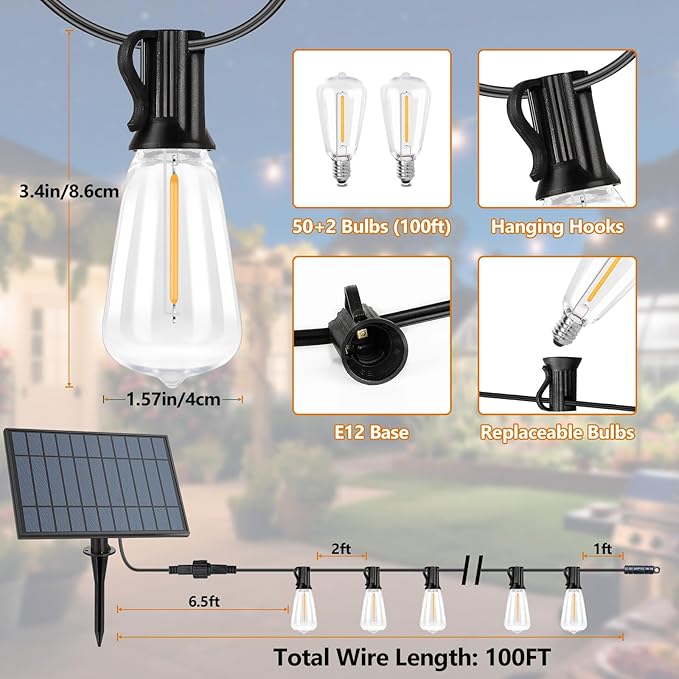 Solar String Lights Outdoor Waterproof 100FT with Remote and 52 ST38 LED Shatterproof Edison Bulbs, Timer, Dimmable Solar Patio String Lights with USB Charging for Backyard, Garden, Camping, Weddings