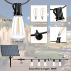 Solar String Lights Outdoor Waterproof 100FT with Remote and 52 ST38 LED Shatterproof Edison Bulbs, Timer, Dimmable Solar Patio String Lights with USB Charging for Backyard, Garden, Camping, Weddings