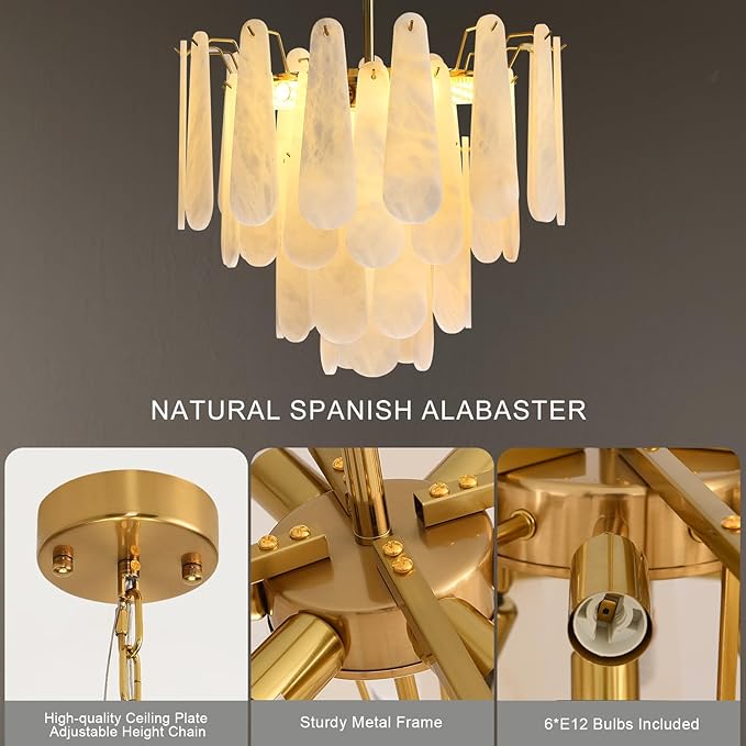 Alabaster Round Chandelier, 22" 43 PCS Natural Spanish Marble Stone Chandelier, 4-Tiers Modern Luxury Brass Alabaster Chandeliers for Dining Room, Living Room, Bedroom, Bathroom, Entryway, Foyer