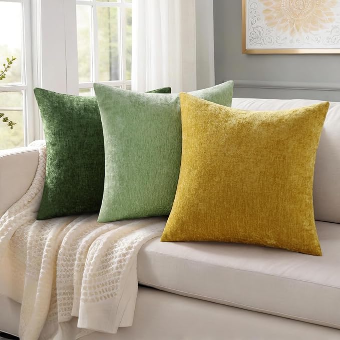 decorUhome Chenille Sage Green Throw Pillow Covers 12x20 Inch Set of 2, Decorative Soft Couch Pillow Covers Solid Dyed Accent Velvet Farmhouse Neutral Rectangle Pillow Cases for Sofa Bed Living Room