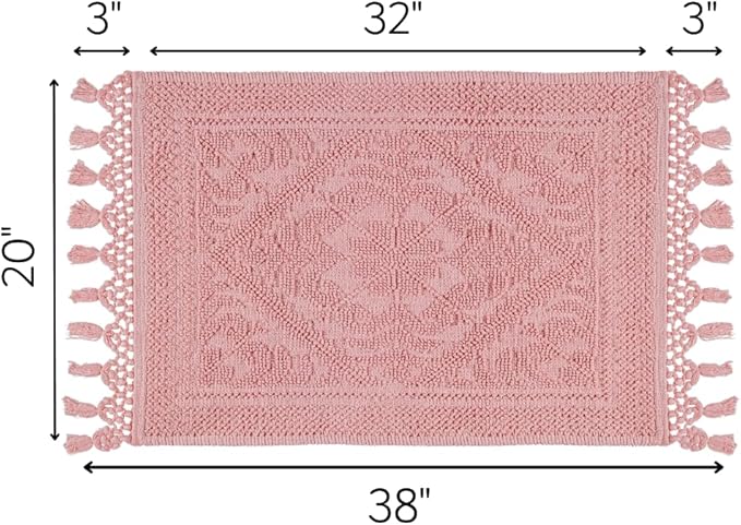 Savi Home Cotton Woven Jacquard Bathroom Rug, Woven Fringe Bathroom Mats, 100% Cotton, Non - Slip Bath Mat, Durable Thick Bath Mat 20”x38” with Fringes, Baby Pink