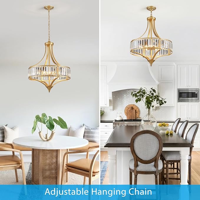 XINGQI 21.6" Modern Gold 6-Light Crystal Chandelier for Dining Room Large Round Pendant Lightting Fixture for Living Room Kitchen Island Bedroom