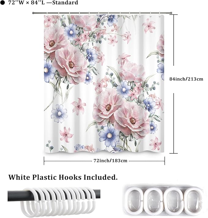 Colorful Floral Shower Curtain Watercolor Flower Modern Design Bathroom Curtain Girls Pretty Plant Decor Shower Curtain with Hooks Waterproof Polyester Fabric 72x84 Inch