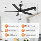 YUHAO 48 Inch Black Ceiling Fan with Light and Remote Control.Noiseless,Dimmable, 3CCT,6 Speeds Reversible, Modern DC Ceiling Fans for Indoor Use