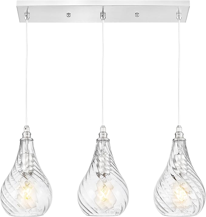 TENGXIN 3-Light Pendant Lights for Kitchen Islands - 6 Inch Brushed Nickel with Striped Glass. Farmhouse Style, Ideal for Dining Rooms and Bedrooms, Model TXPLBN12-3.