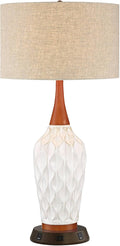360 Lighting Rocco Mid Century Modern Table Lamp with USB and AC Power Outlet Workstation Charging Base 30" Tall White Ceramic Oak Wood Tan Fabric Drum Shade for Living Room Bedroom House