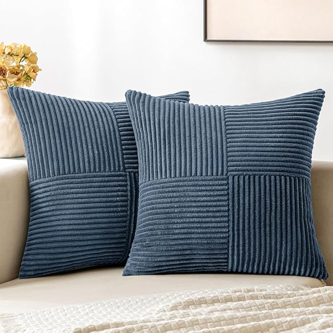 MIULEE Blue Corduroy Pillow Covers Pack of 2 Boho Decorative Spliced Throw Pillow Covers Soft Solid Couch Pillowcases Cross Patchwork Textured Cushion Covers for Living Room Bed Sofa 16x16 inch