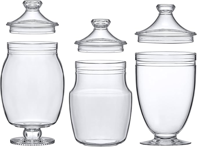 Amazing Abby - Keep - Acrylic Apothecary Jars (3-Piece Set), Plastic Jars with Lids, Bathroom Canisters, Vanity Organizers, Candy Buffet, Wedding Display, BPA-Free and Shatter-Proof (NOT Glass)