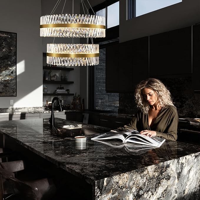 Modern Crystal Chandeliers, Double Tier 40"+32" Large High Ceiling Chandelier. Elegant Crystal Chandelier Hangs from The Ceiling of The Living Room, Stairwell, and Foyer.