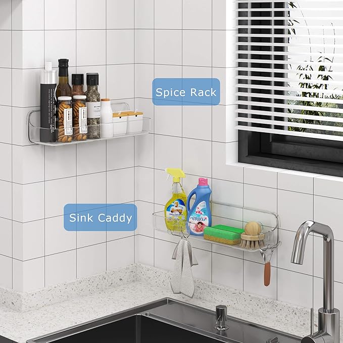 TZAMLI Shower Caddy Bathroom Shelves, No Drilling Self Adhesive Shelf Plastic Clear Shower Organizer, Wall Mounted Rack Inside Shelves for Bathroom Kitchen Storage