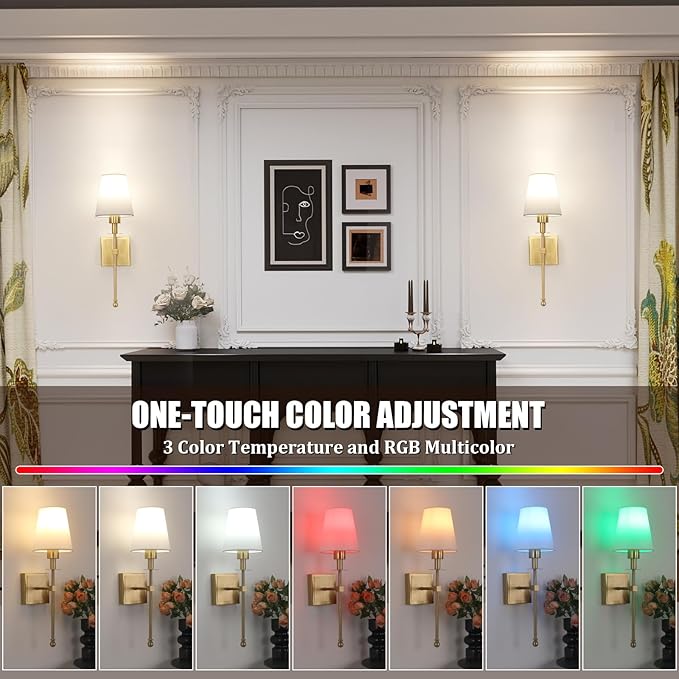 Battery Operated Wall Sconces Set of 2, 5000 mAh Rechargeable Bulb with 12 RGB Colors Dimmable Wall Sconce for Living Room Bedroom,Gold