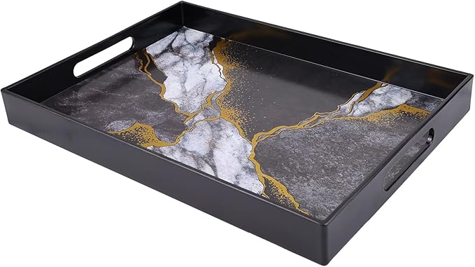Marble Black Decorative Tray for Coffee Table, Ottoman, Rectangular Plastic Serving Platter Tray with Handles for Entertaining, Outdoor Patio, Living Room Counter, 15.7”*11.8”*1.6”