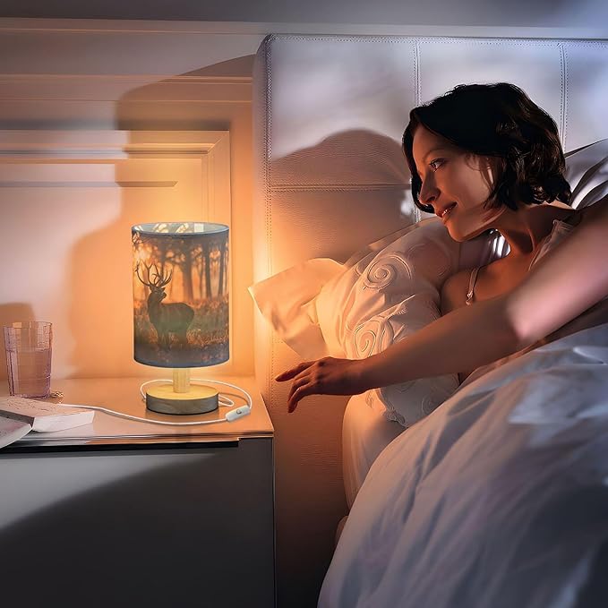 Table Lamp Deer in Sunrise Forest Nightstand Lamp with Wood Base Fabric Lamp Shade Bedside Desk Lamp for Living Room Bedroom Kids Room Office