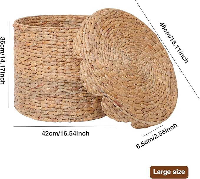 Vintage Woven Storage Basket with Scalloped Lid - Handwoven Water Hyacinth Laundry Hamper for Clothes, Blankets, Toys Organizing - Natural Wicker Basket with Lid (Large Round)