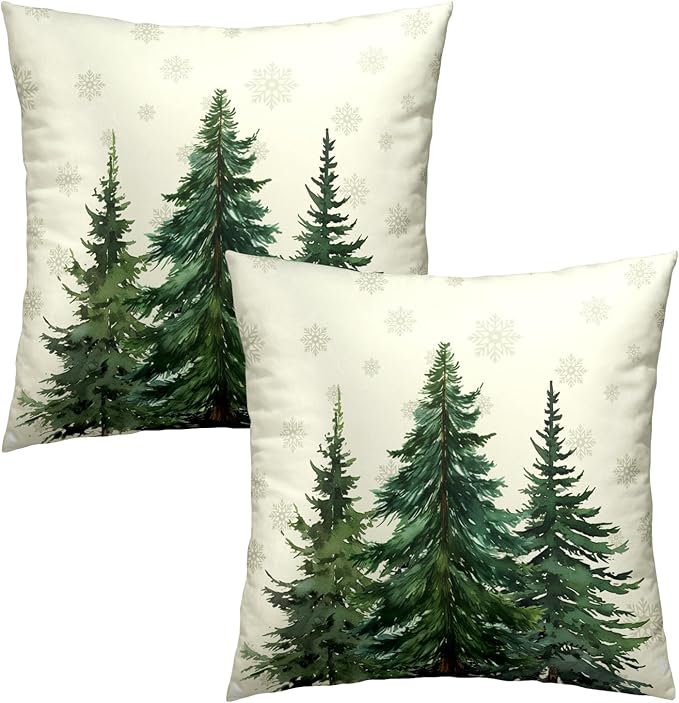 Green Christmas Tree Pillow Covers 16x16 in, Winter Nature Birch Forest Snowflake Throw Pillows Cover Farmhouse Decorative Pillow Case for Couch Bed Sofa Outdoor Patio Decor
