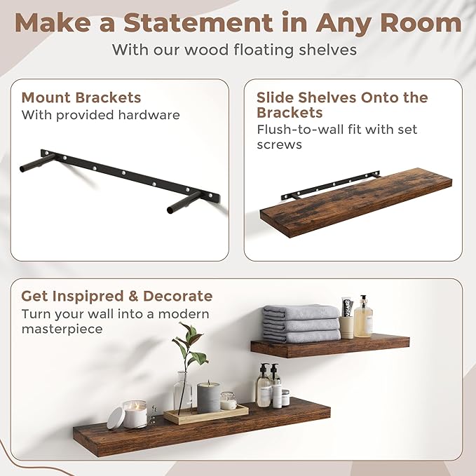 Floating Shelves for Wall with Invisible Brackets, Wall Mounted Engineered Wood Shelves with Wood Grain for Living Room, Bathroom, Kitchen Decor and Storage, Oak, 24"L Set of 2, Rustic Brown