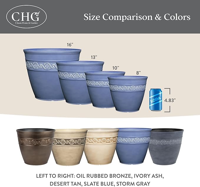 Classic Home and Garden Corinthian Resin Planter Pot - Outdoor & Indoor Plant Pot - Round Planter for Plants & Flowers (8" Storm Gray, Pack of 1)