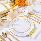 WELLIFE 700 Pieces Gold Plastic Dinnerware Set for 100 Guests - Includes Plates, Cups, Napkins, and Disposable Cutlery - Elegant White & Gold Design, Perfect for Parties and Events