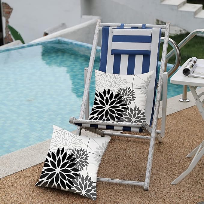 Black Grey Floral Pillow Covers 16x16 Set of 2 Outdoor Waterproof White Colored Decorative Throw Pillows Summer Pillowcase Polyester Cushion Case Decor for Couch Patio Funiture Garden Porch 01L16