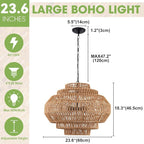 23.6-in Rattan Chandelier Boho Pendant Light Fixture Dinning Room Chandelier Boho Hanging Light Large Basket Light Woven Rattan Pendant Light for Kitchen Island Bedroom Farmhouse Living Room