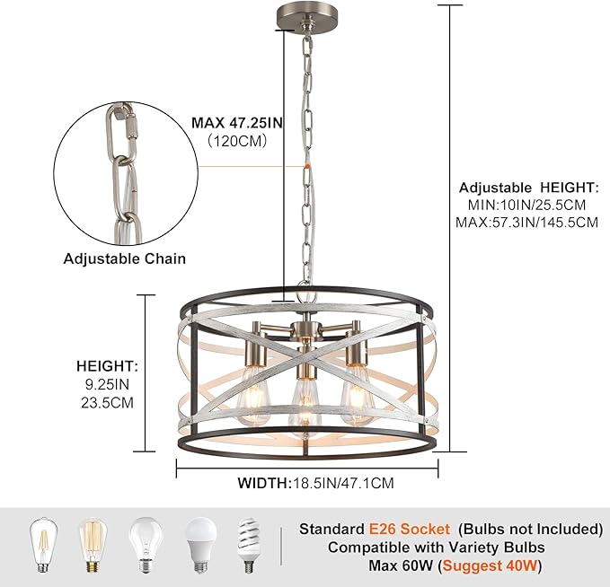 Farmhouse Chandeliers for Dining Room, 3-Light Metal Dining Room Light Fixture, 18.5" Rustic Drum Chandelier Hanging Light for Kitchen Foyer Entryway Bedroom, Nickel with Retro Wood Texture Interior