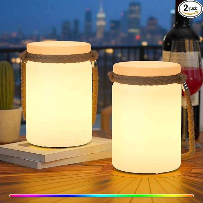 uuffoo 2 Pack LED Lamp Lantern Table Lamp Cordless Shower Lamp IP44 RGB and Warm White Dimmable for Indoor Outdoor Patio Camping Restaurant Home