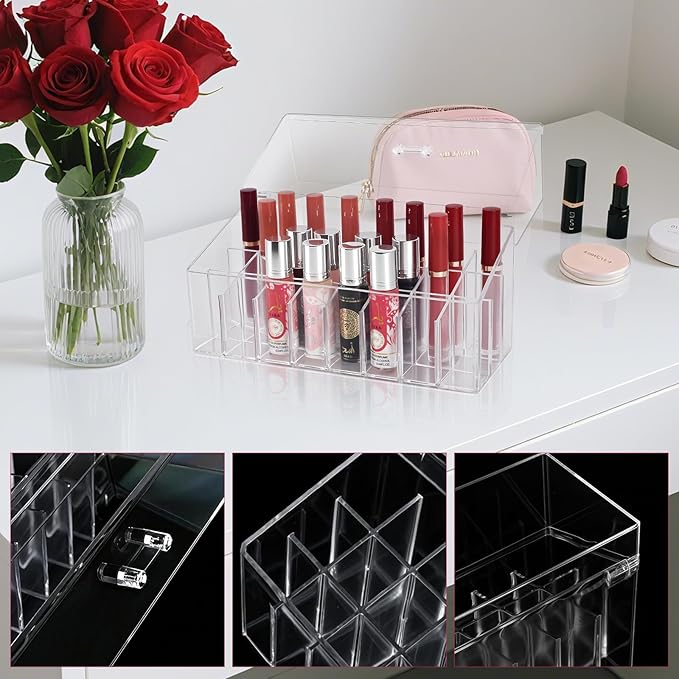 Acrylic Lip Gloss Organizer & Beauty Makeup Holder for Drawer, Cosmetics Pallets Countertop Clear Storage, 24 Space Organization Container Storage for Tall Lip Gloss, Clear