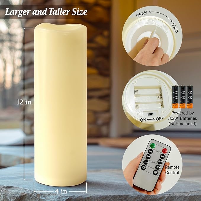 4" x 12" Ivory Large Waterproof Outdoor Flameless Candles Battery Operated LED Flickering Pillar Candles with Remote and Timer for Indoor Outdoor Lanterns, Long Lasting, Set of 2