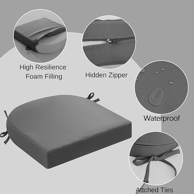 idee-home Outdoor Chair Cushions Set of 2, Thick 19" x 19" x 3" Outdoor Seat Cushions Patio Furniture Waterproof with Ties, Dining Pads