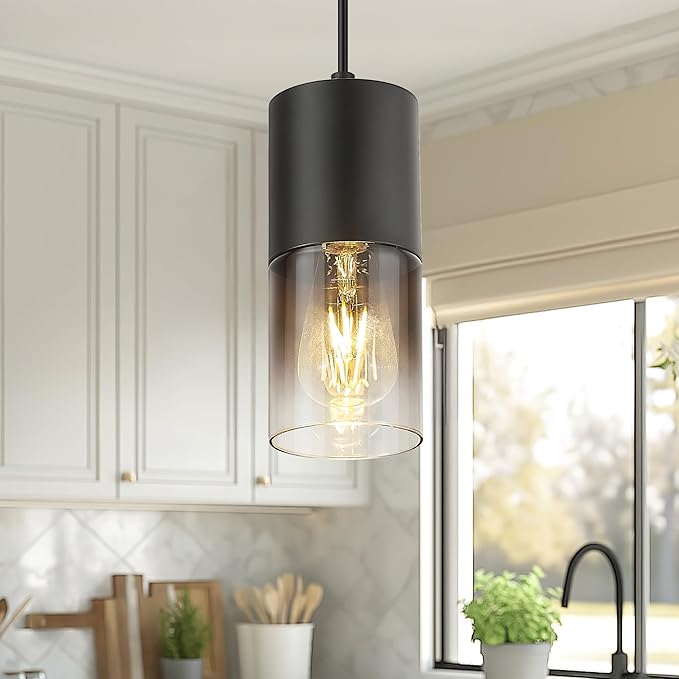 Black Pendant Lights Kitchen Island, Modern Hanging Lights Fixtures with Cylinder Black Gradient Glass, Industrial Kitchen Pendant Lighting Over Island for Dining Room, AD-24023-1P-BK-SM