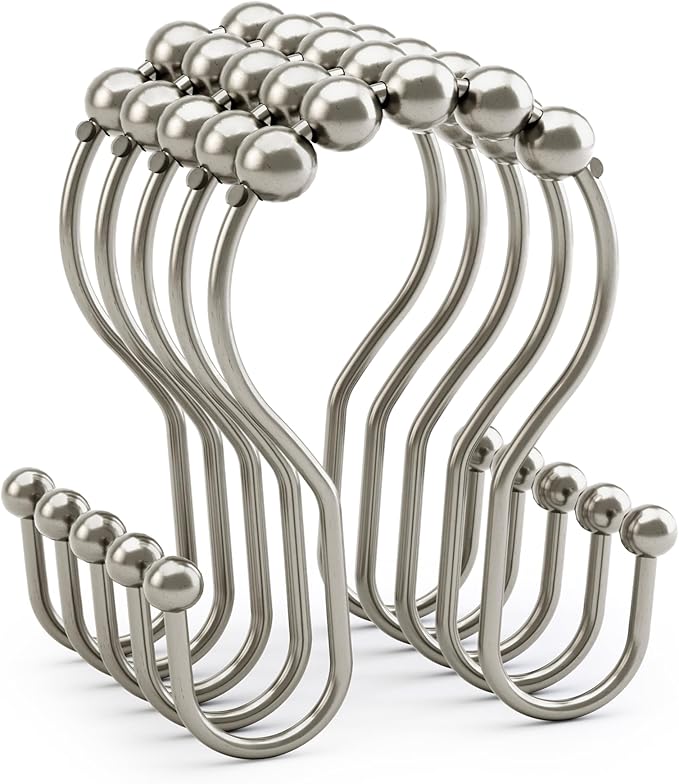 AmazerBath Shower Curtain Hooks, Shower Curtain Rings, Metal Nickel Shower Curtain Hooks Rust Proof, Smooth Glide Double Shower Hooks for Shower Curtain, Shower Rod Hooks 12Pcs