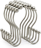 AmazerBath Shower Curtain Hooks, Shower Curtain Rings, Metal Nickel Shower Curtain Hooks Rust Proof, Smooth Glide Double Shower Hooks for Shower Curtain, Shower Rod Hooks 12Pcs
