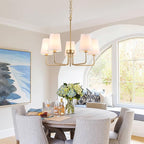 AMZASA Farmhouse Chandelier, 5-Lights Visual Comfort Gold Light, Muted Gold with White Fabric Shade, Linear Island Lighting Fixture for Kitchen, Dining Room