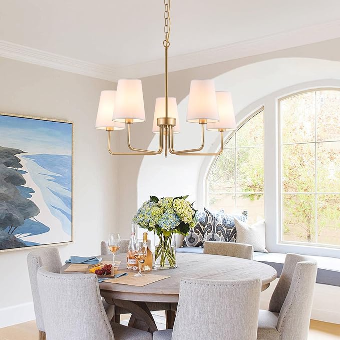 AMZASA Farmhouse Chandelier, 5-Lights Visual Comfort Gold Light, Muted Gold with White Fabric Shade, Linear Island Lighting Fixture for Kitchen, Dining Room