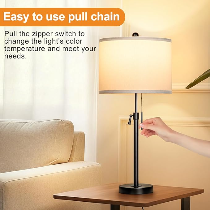 Black Table Lamps for Bedrooms Set of 2: 22" to 30" Height Adjustable Nightstand Lamps with White Linen Shade | Pull Chain Switch | Metal Base 丨3 Color Temperatures Included Beside Lamp (Black)