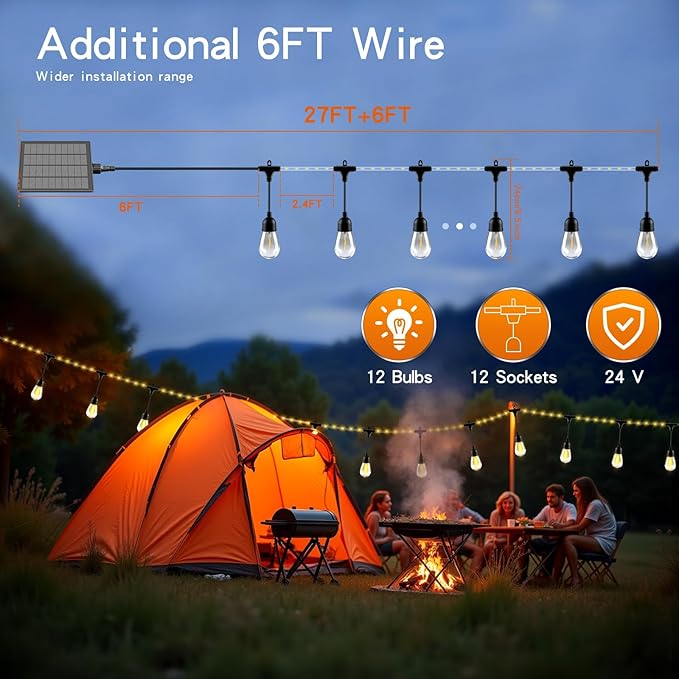 33FT Solar String Lights Outdoor Waterproof with USB Port & Remote Control Solar Patio Lights Long Last for 20+Hrs Dimmable Solar Power LED Shatterproof Bulbs solar lights for Camping Backyard Garden