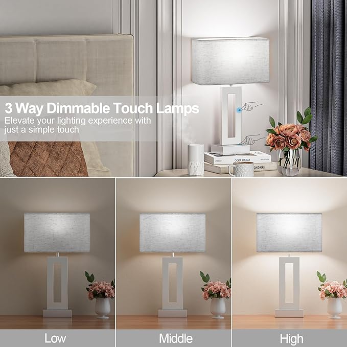 Bedroom Table Lamps Set of 2 - Beige Silver Touch Bedside Lamps with USB C+A, 3 Way Dimmable Gold Lamp for Nightstand, Modern Night Stands Lamps for Living Room End Tables