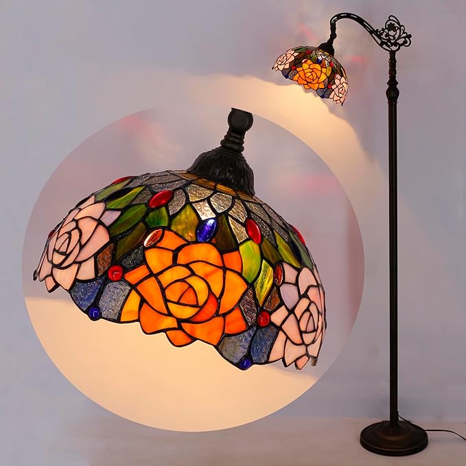 Tiffany Floor Lamp Stained Glass Orange Red Rose Flower Style Arched Reading Light Gooseneck Adjustable Corner Standing Lamp 12X16X66 Inch for Bedroom Living Room Home Office