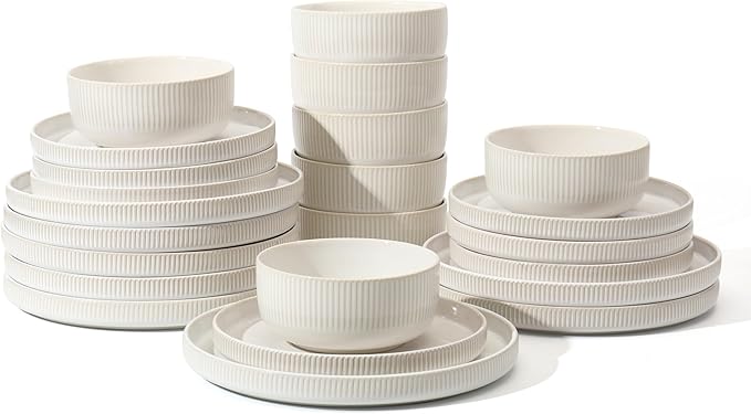 Frewinky Ceramic Dinnerware Sets for 8, Round Reactive Glaze Porcelain Plates and Bowls Sets, Scratch Resistant Modern Dishes Set, Dishwasher & Microwave Safe, Service for 8-White