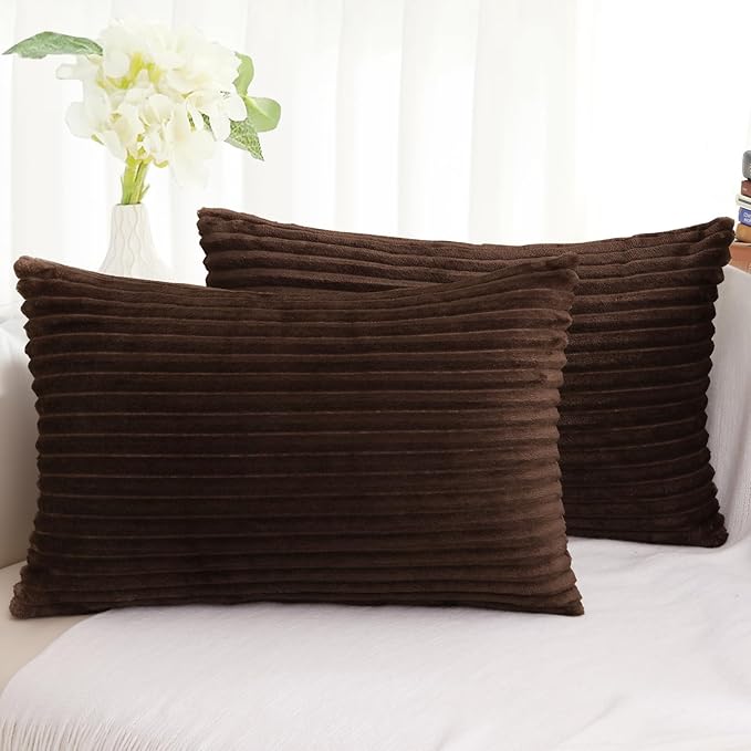 Simmore Decorative Throw Pillow Covers 12x20 Set of 2, Soft Natural Plush Flannel Double-Sided Fluffy Lumbar Pillow Covers for Couch Sofa Living Room, Brown