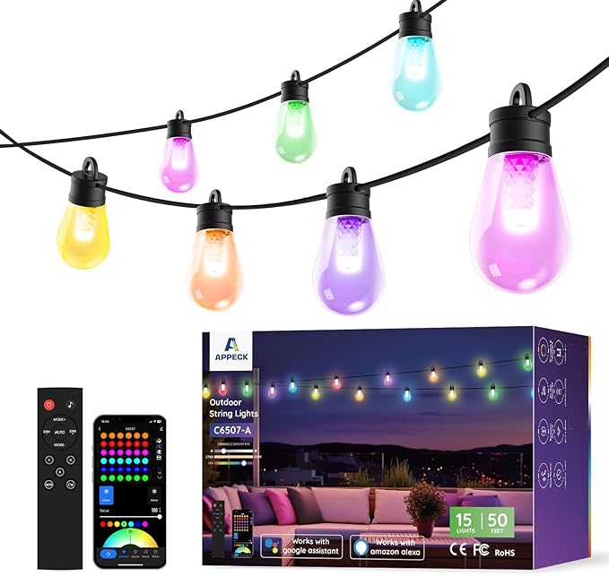 APPECK Smart Outdoor String Lights, 50ft RGBW Outdoor Patio Lights with 15 LED Bulbs, Extendable, 111 Scene Modes, IP65 Waterproof Lighting for Outside, Halloween Decor, Works with Alexa