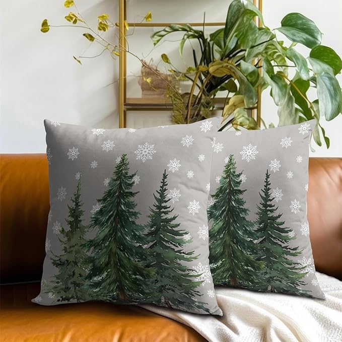 Winter Snow Trees Pillow Cover 16x16 Inch Holiday Christmas Farmhouse Home Decor Grey White Snowflake CottonThrow Pillow Case Cushion Cover for Sofa Couch