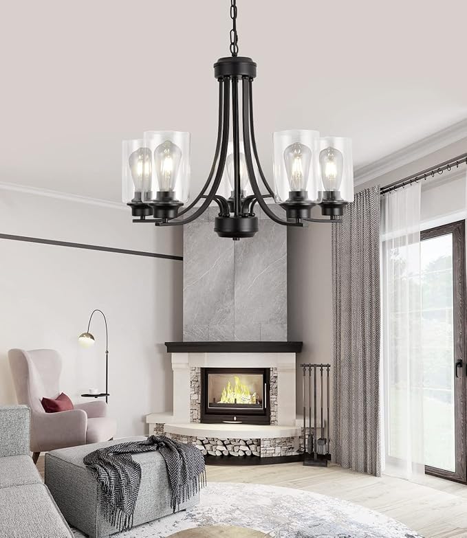 Contemporary 5 Light Glass Chandelier Black Traditional Chandeliers Kitchen Dining Room Lighting Fixtures Hanging Pendant Light Industrial Flush Mount Ceiling Light
