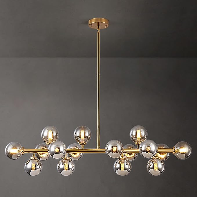 16-Light Globe Sputnik Chandelier, Mid Century Modern Light Fixture Over Table, Brass Gold Linear Chandeliers for Dining Room and Kitchen Island (Smoke Grey Glass Bubble Shades, 40 Inch)